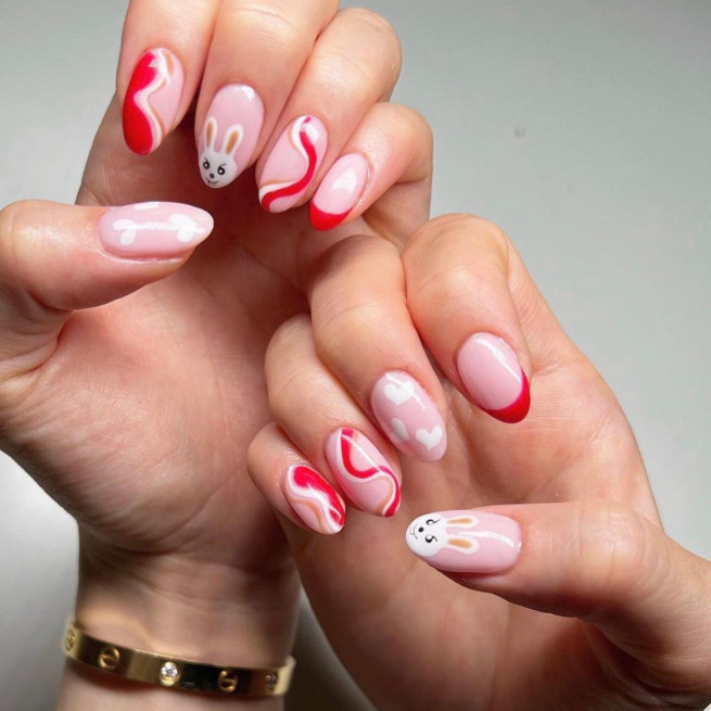 40 The Most Beautiful Easter Nails : Bunny French Tip & Red Swirl Nail Art