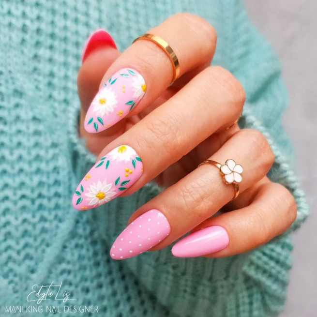 40 The Most Beautiful Easter Nails : Polka Dot and Flower Pink Nail Art