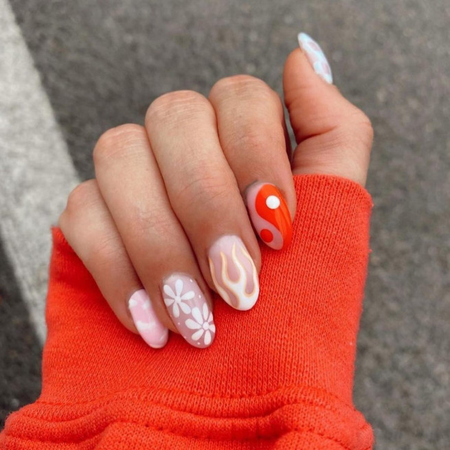 40 Cutest Summer Nail Designs in 2022 : Daisy, Red and White Yin-Yang Nail Art