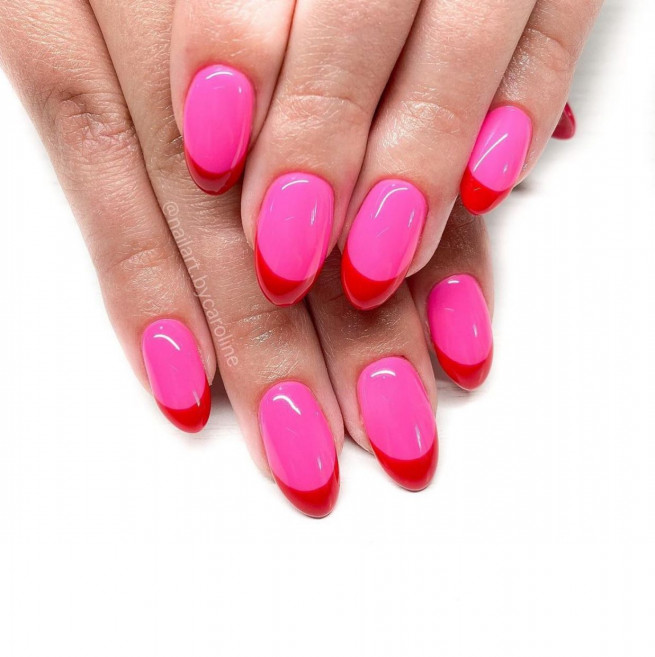 40 Cutest Summer Nail Designs in 2022 : Red French Tips Pink Nails