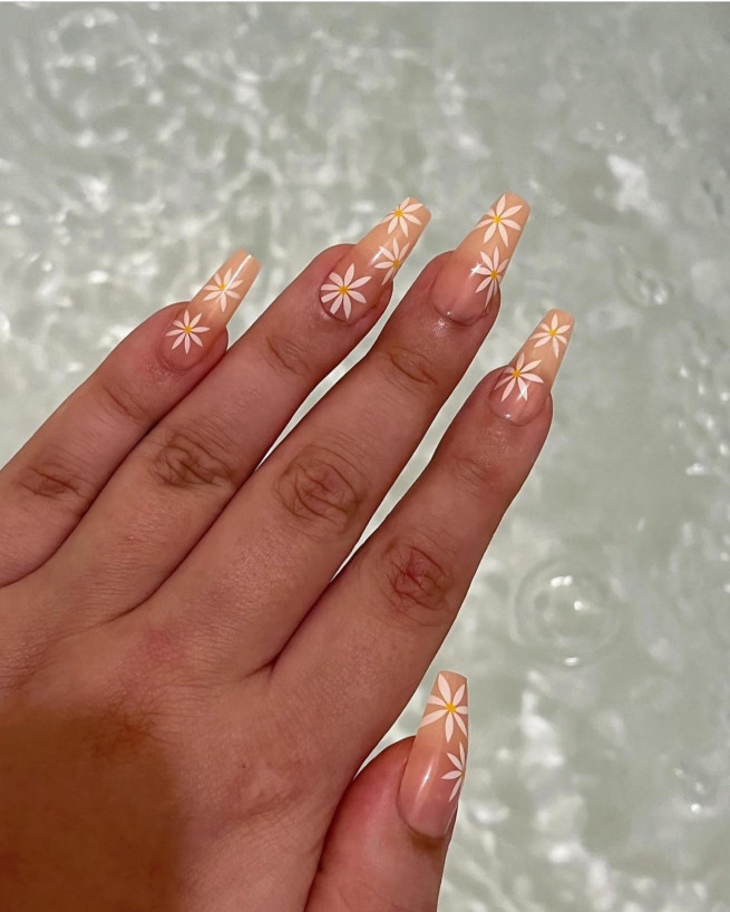 50 Pretty Floral Nail Designs : Flower Sheer Nude Acrylic Nails