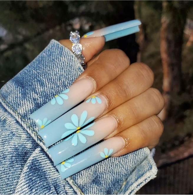 50 Pretty Floral Nail Designs : Ombre Blue Acrylic Nails with Flowers