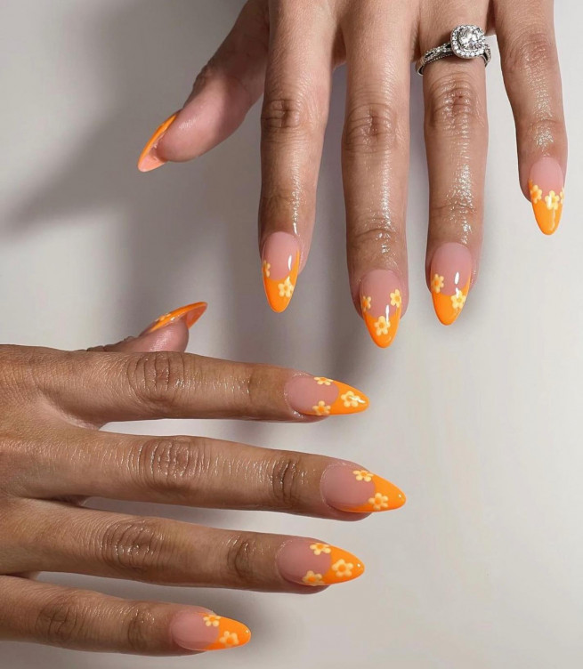 50 Pretty Floral Nail Designs : Orange French Tip Nails with Flowers