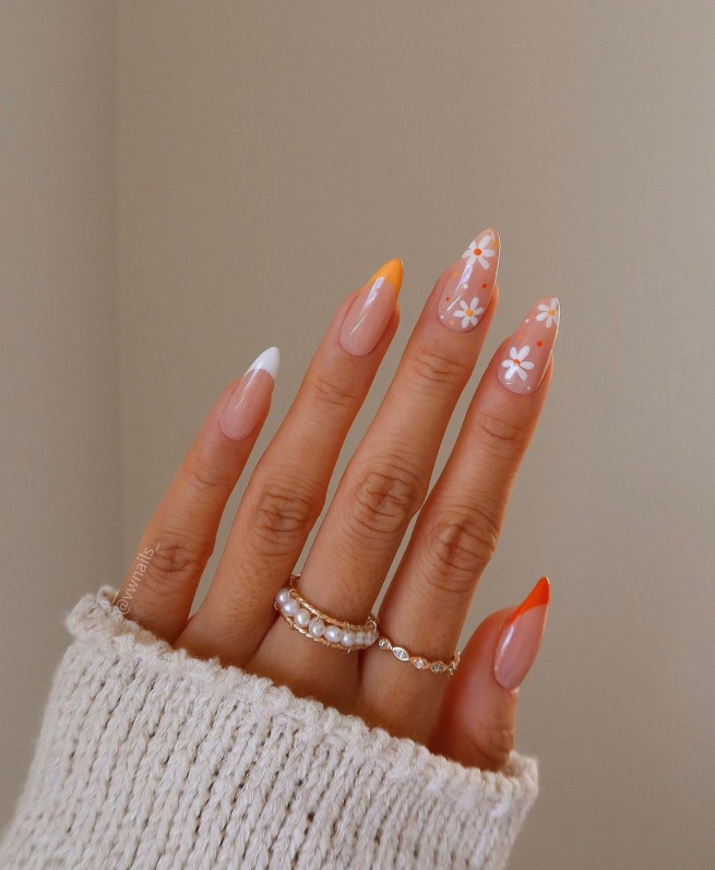 50 Pretty Floral Nail Designs : Flower & Orange French Tip Nails