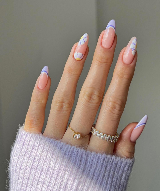 50 Pretty Floral Nail Designs : Lilac Double French Nails & Daisies