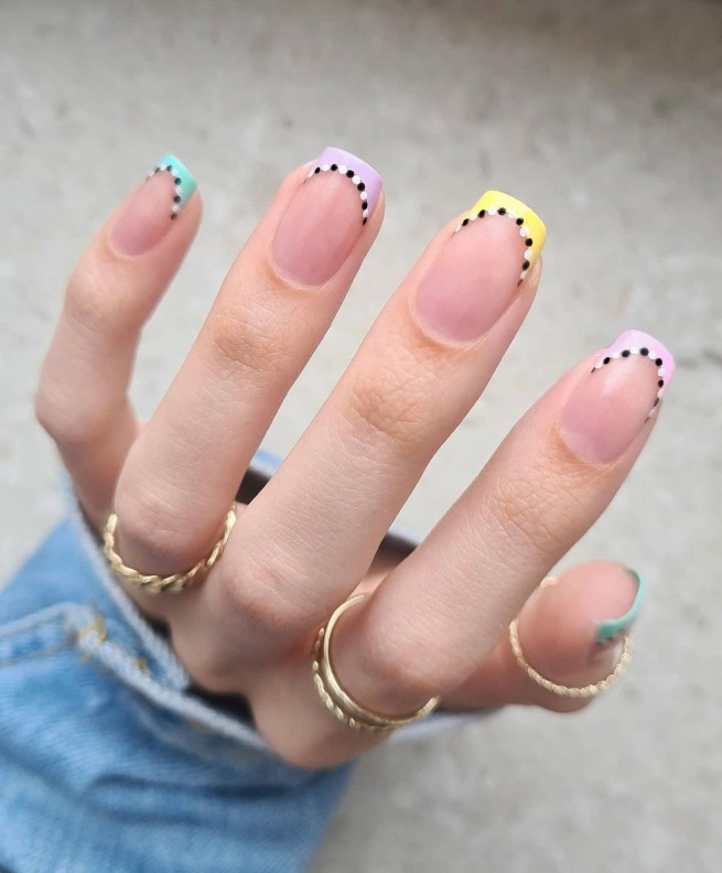 pastel french tip nails, easter nails, easter nails 2022, easter nail art designs, speckled egg nail art designs, easter french nails, eggshell nail art designs, french manicure easter, spring nails 2022