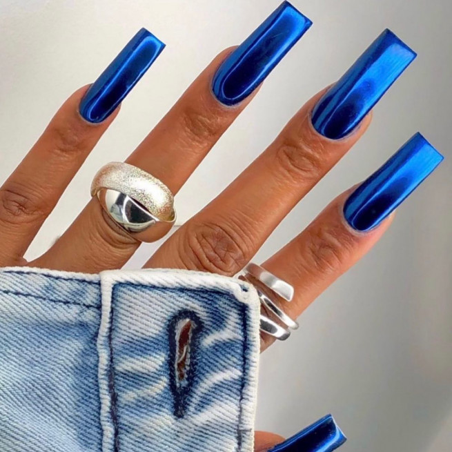 24pcs Magic Blue Chrome Shiny Medium Almond Press on Nails Holographic Nail  Dust Ice Neon Mermaid Mirror Glitter Pearl Aurora Artificial Nails &1sheet  Tape&1pc Nail File | SHEIN ASIA