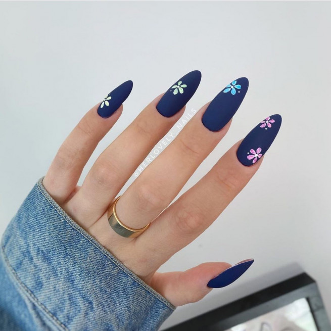 50 Pretty Floral Nail Designs : Matte Navy Blue Nails with Flowers