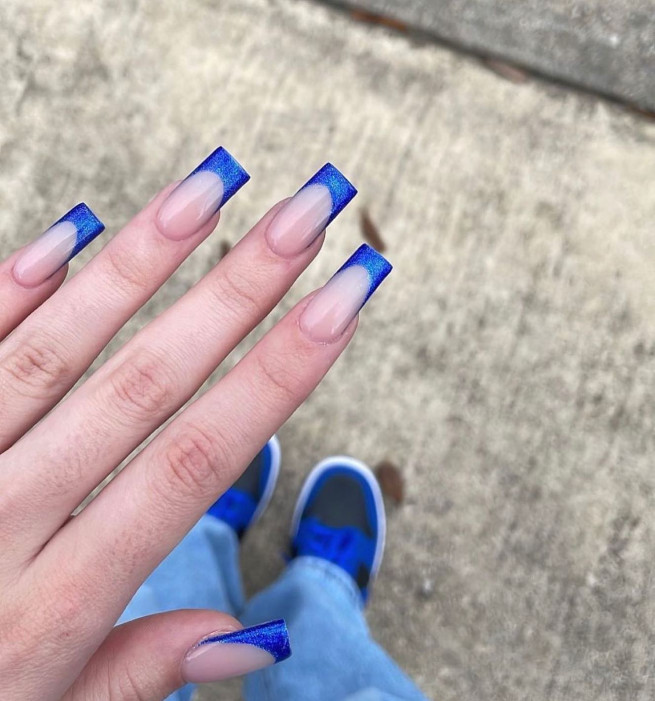 40 Gorgeous Royal Blue Nail Designs : Shimmery Royal Blue French Tip Nails