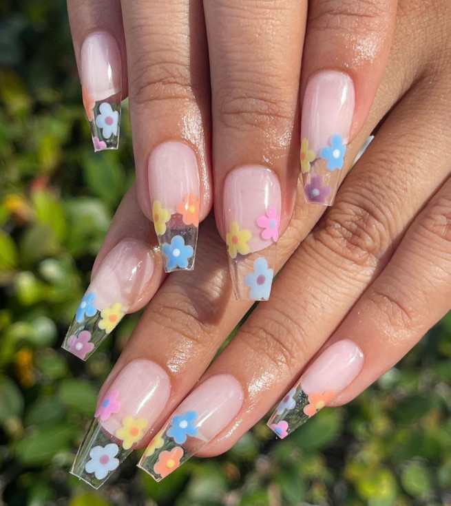 50 Pretty Floral Nail Designs : Flower French Clear Tip Nail Art