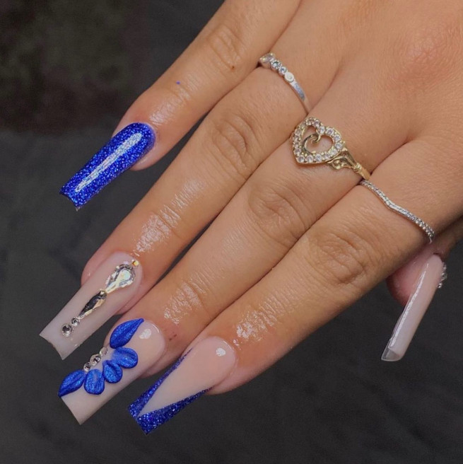 40 Gorgeous Royal Blue Nail Designs : 3D Flower, Rhinestone and V French Acrylic Nails