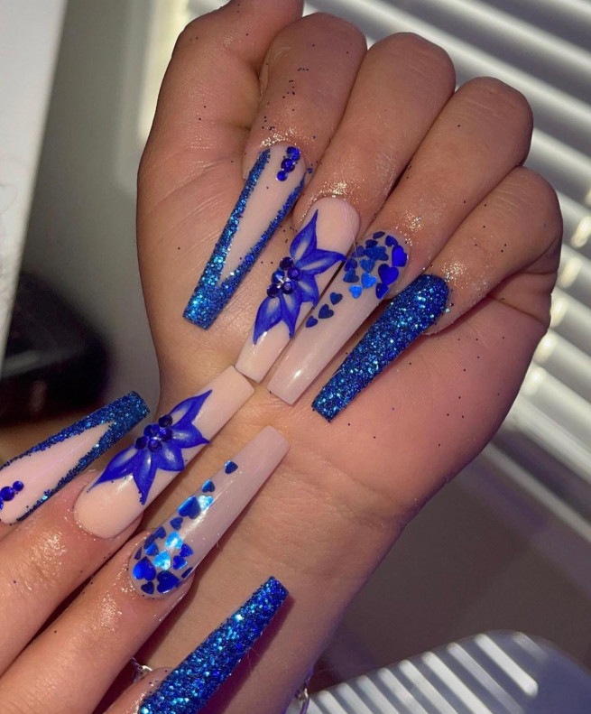 40 Gorgeous Royal Blue Nail Designs : Glitz and Glam Royal Blue Nails