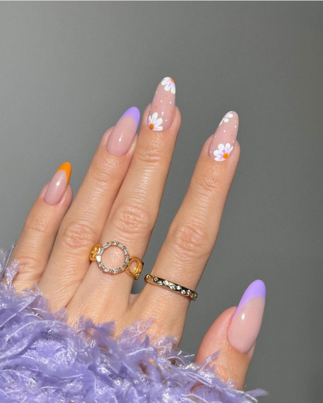 50 Pretty Floral Nail Designs : Daisy, Orange and Purple Nails