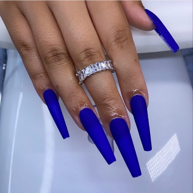 40 Gorgeous Royal Blue Nail Designs : Matte Royal Blue Sheer Long Nails