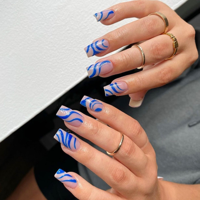 royal blue swirl sheer nails, nail art design