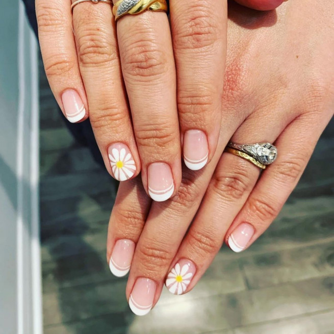 50 Pretty Floral Nail Designs : White Double French Nails & Daisy
