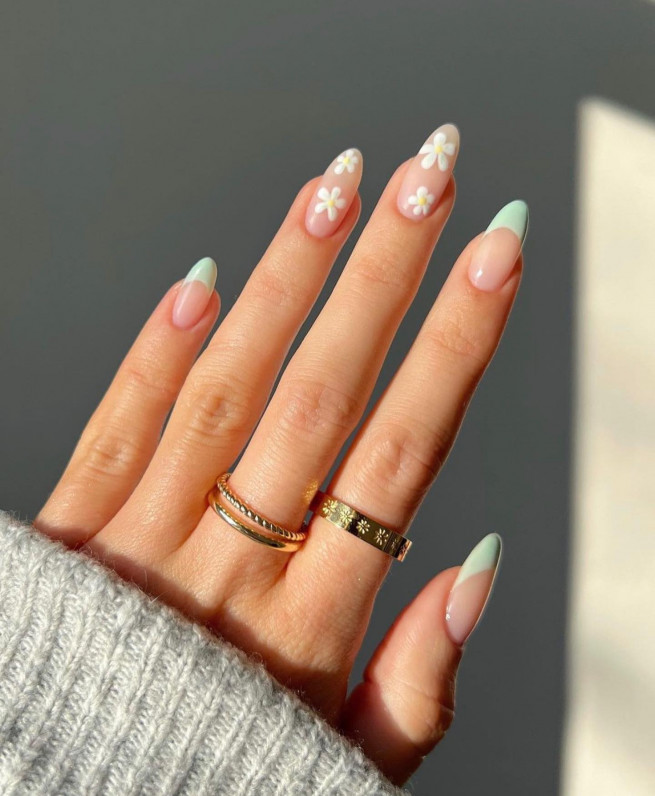 50 Pretty Floral Nail Designs : Light Mint French Tips & Flower Nail Art