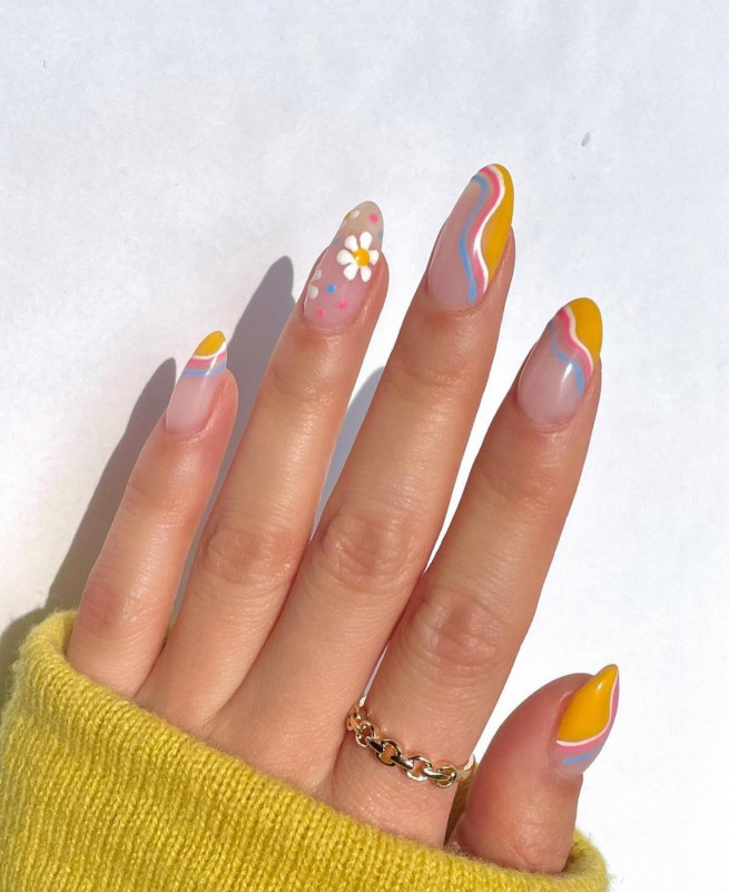 50 Pretty Floral Nail Designs : Mustard Yellow Abstract Tip Nail Art & Flower