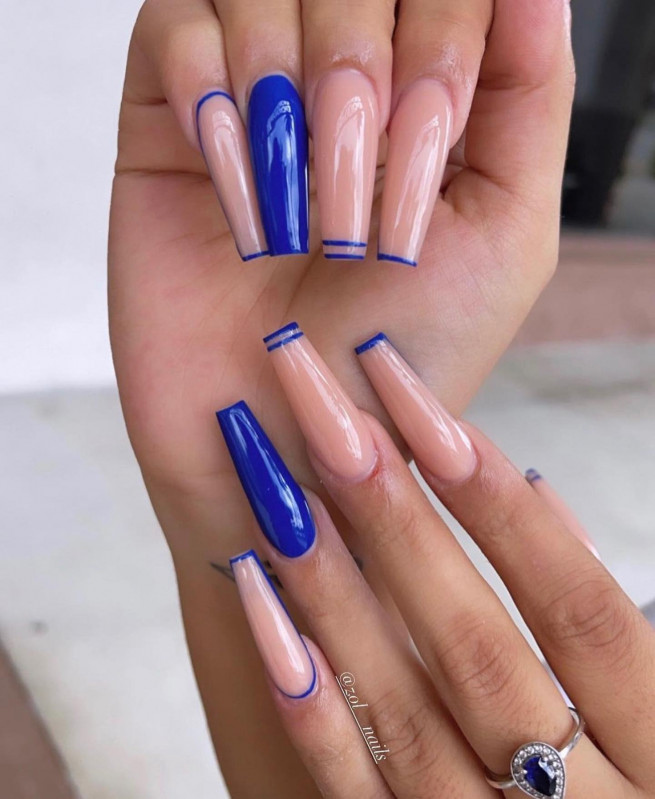 40 Gorgeous Royal Blue Nail Designs : Royal Blue Double French & Outline Nude Nails