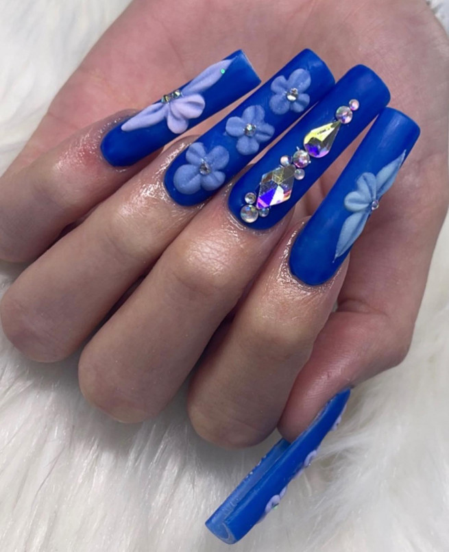 40 Gorgeous Royal Blue Nail Designs : Light Blue 3D Flower Royal Blue Nails