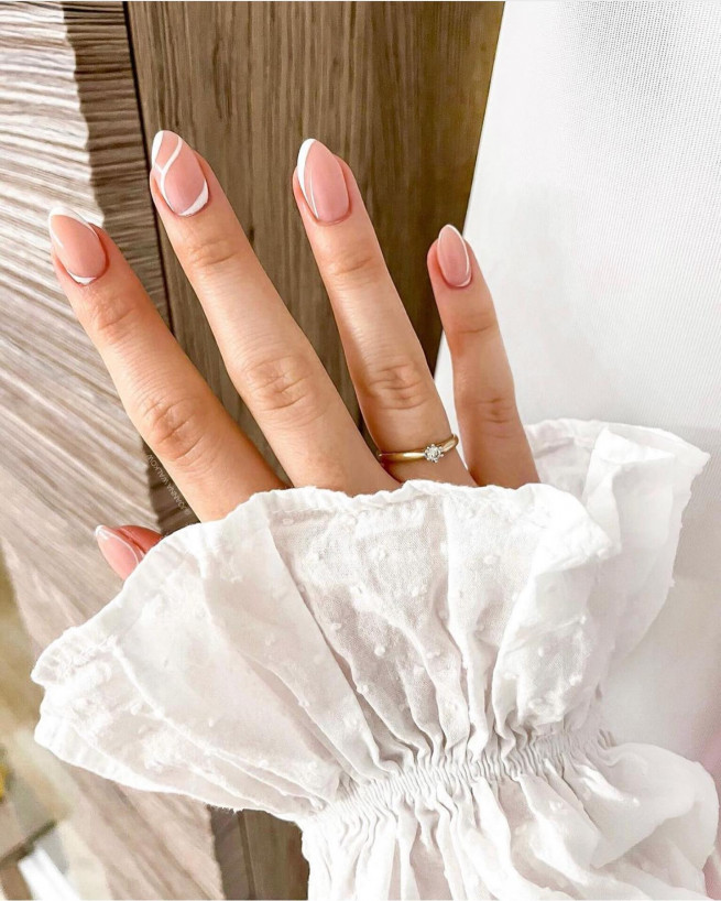 50 Best Wedding Day Nails for Every Style : White Swirl Matte Nude Nails