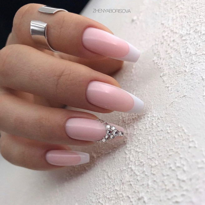 50 Best Wedding Day Nails for Every Style : Rhinestone & White French Tip Long Nails