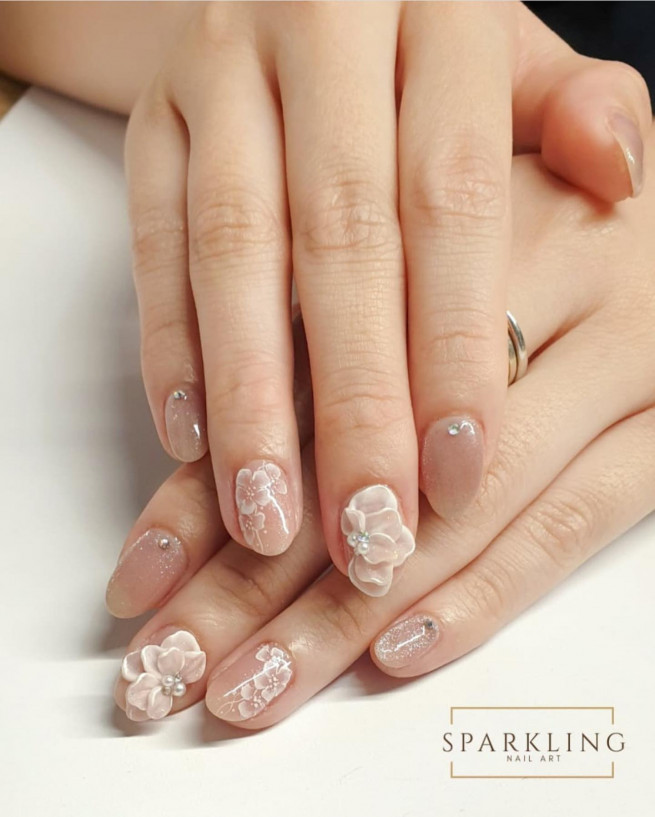 50 Best Wedding Day Nails for Every Style : Flower Bridal Nails