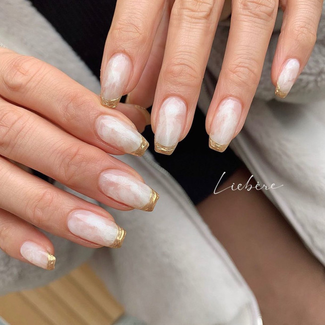 50 Best Wedding Day Nails for Every Style : White Cotton with Gold Tip Nails