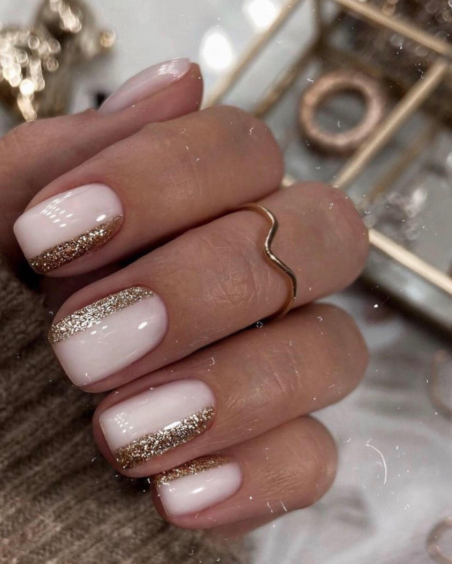 50 Best Wedding Day Nails for Every Style : White Glossy Nails with Glitter  Rose Gold I Take You | Wedding Readings | Wedding Ideas | Wedding Dresses |  Wedding Theme