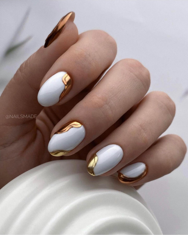 50 Best Wedding Day Nails for Every Style : White Nails with Gold Abstract Details