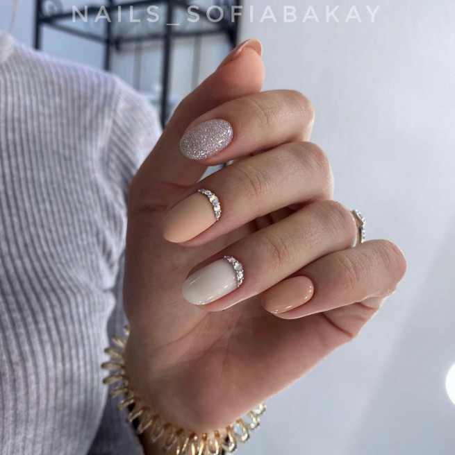 50 Best Wedding Day Nails for Every Style : Nude & White with Jewel Cuff Nail Art