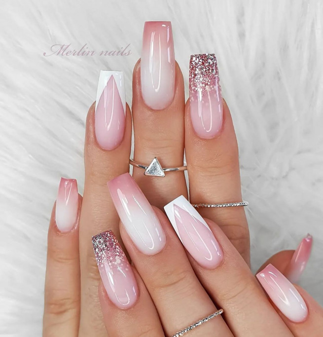 50 Best Wedding Day Nails for Every Style : Ombre & Glitter Tip Nail Art