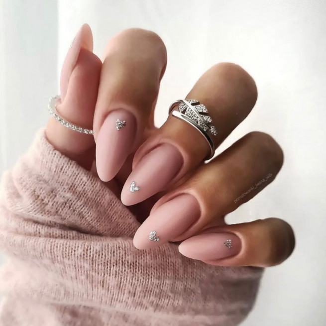 50 Best Wedding Day Nails for Every Style : Tiny Silver Glitter Heart Matte Nails