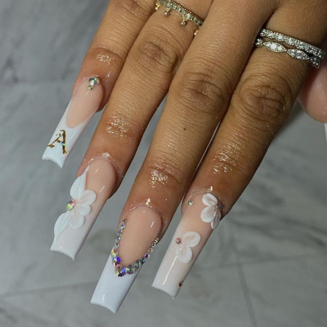 50 Best Wedding Day Nails for Every Style : Acrylic Ombre Nails with Initial & 3D Flowers