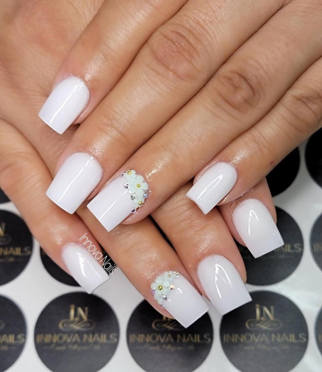 50 Best Wedding Day Nails for Every Style : White Square Nails with 3D flowers
