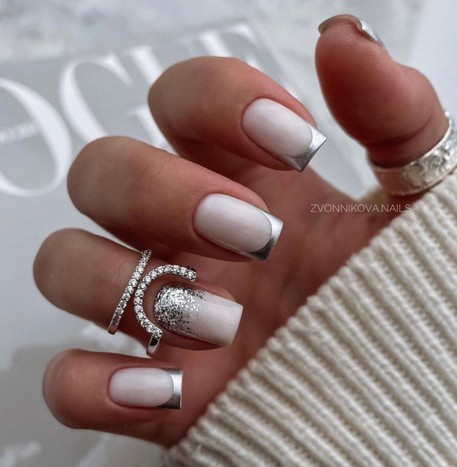 50 Best Wedding Day Nails for Every Style : Silver French Tip White Nails