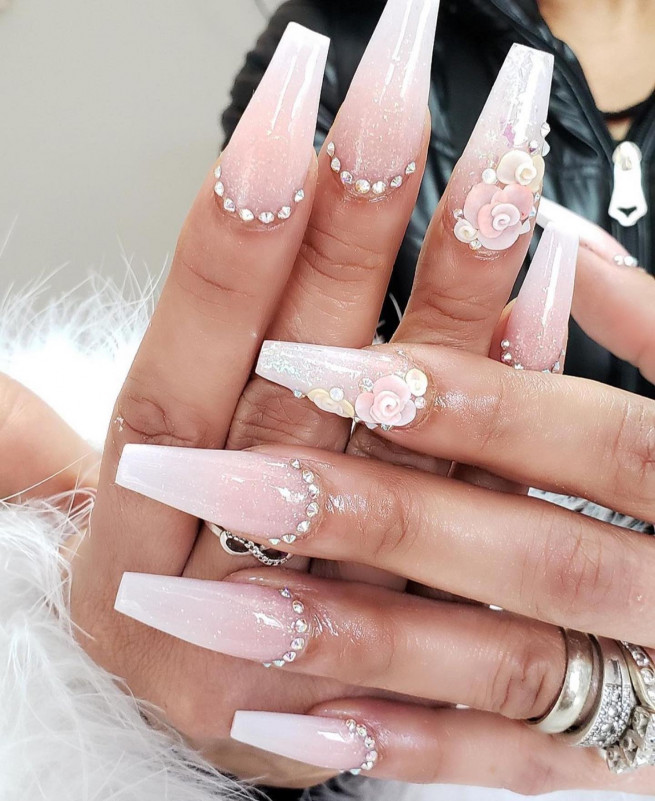 50 Best Wedding Day Nails for Every Style : 3D Rose Coffin Ombre Nail Art