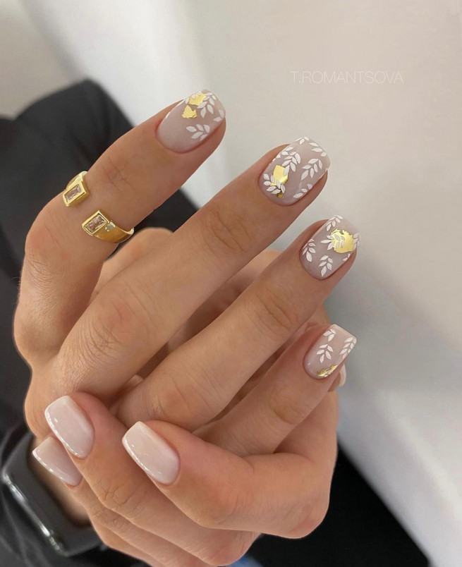 50 Best Wedding Day Nails for Every Style : White Leaf & Gold Foil Nails