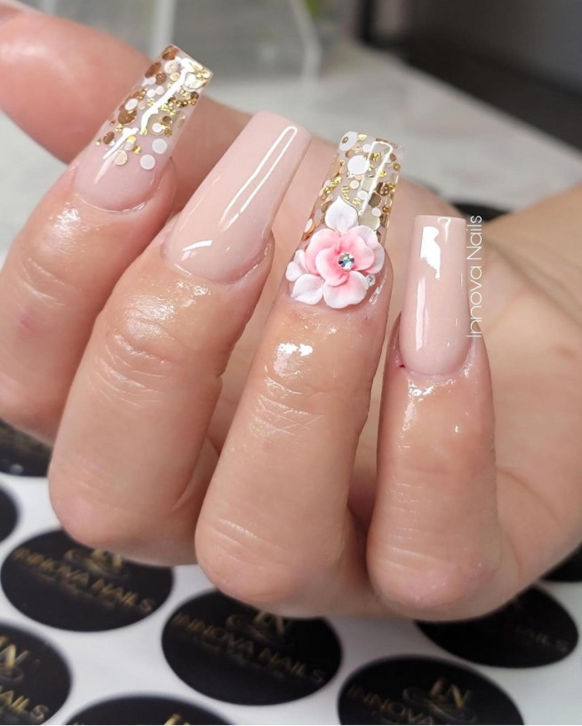 50 Best Wedding Day Nails for Every Style : Pink Coffin Nails + Glitter & 3D Flower
