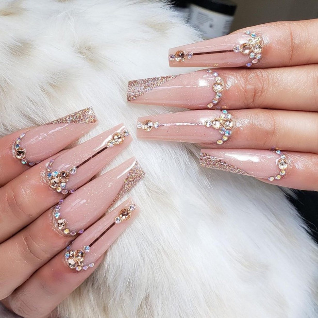 50 Best Wedding Day Nails for Every Style : Rhinestone Cuff + Glitter Side French Nail Art