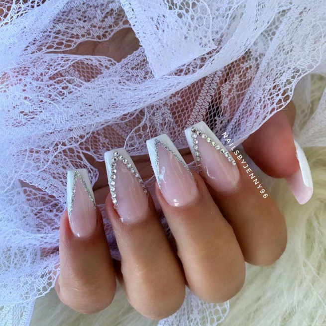50 Best Wedding Day Nails for Every Style : White V-Shaped French Tips with Rhinestone Outline