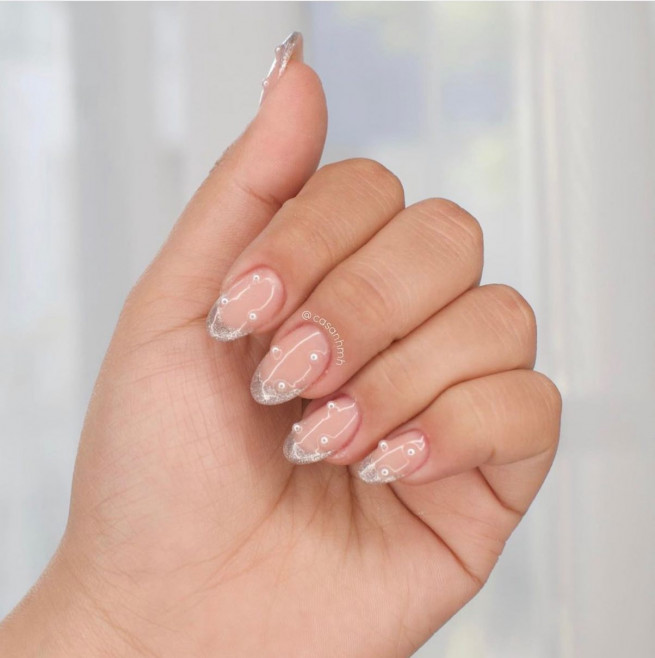50 Best Wedding Day Nails for Every Style : Glitter French Nail Art with Pearls