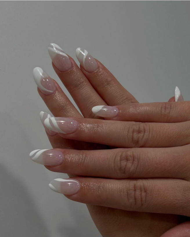 50 Best Wedding Day Nails for Every Style : White Swirl Sheer Almond Nails