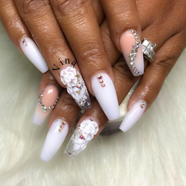 50 Best Wedding Day Nails for Every Style : Acrylic Coffin White + 3D Flower Nail Art