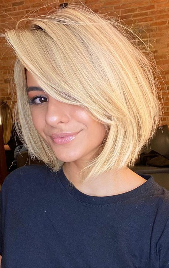 30 Stylish Medium Length Haircuts To Try : Blonde Bob with Side Part Bangs  I Take You | Wedding Readings | Wedding Ideas | Wedding Dresses | Wedding  Theme