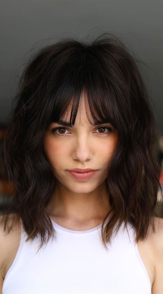30 Stylish Medium Length Haircuts To Try : Dark Hair with Fringe Undone Look