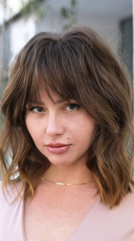 30 Stylish Medium Length Haircuts To Try : Textured Mid Length with Bangs