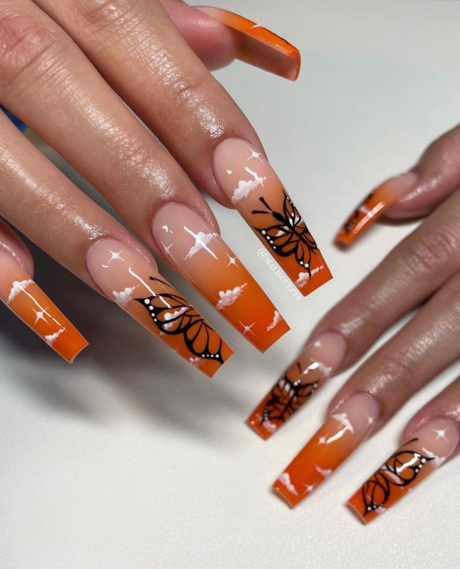 40 Cute Acrylic Nails To Wear This Spring : Ombre Orange Nail Art with Butterfly