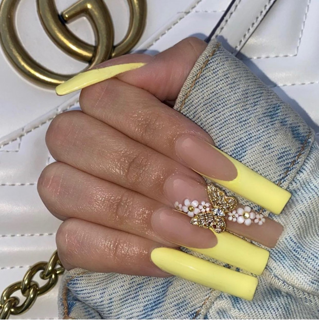 40 Cute Acrylic Nails To Wear This Spring : Yellow French Tip Nail Art