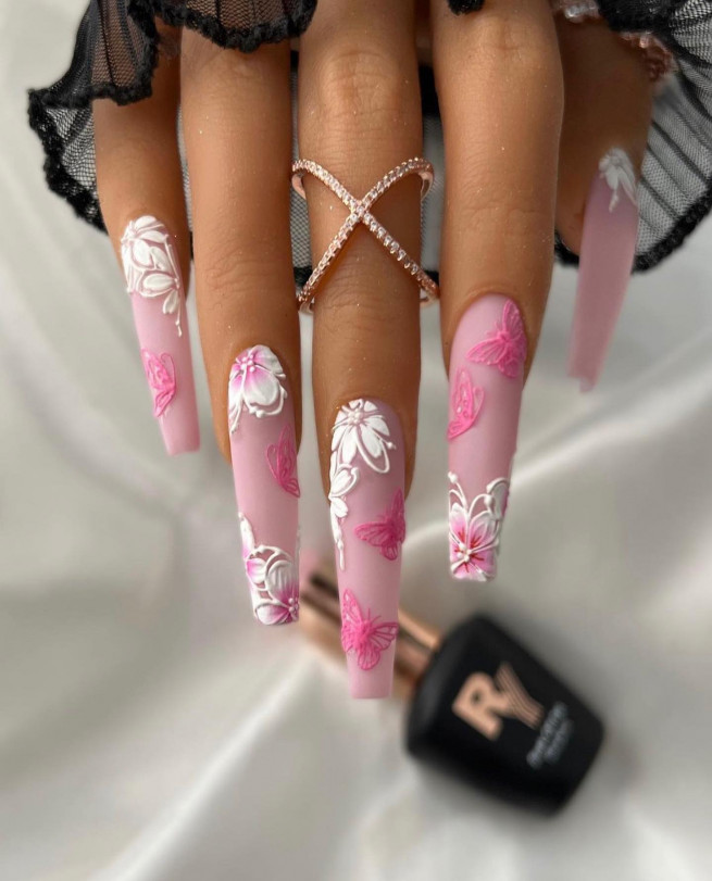 40 Cute Acrylic Nails To Wear This Spring : White Flower & Pink Butterfly Pink Nails